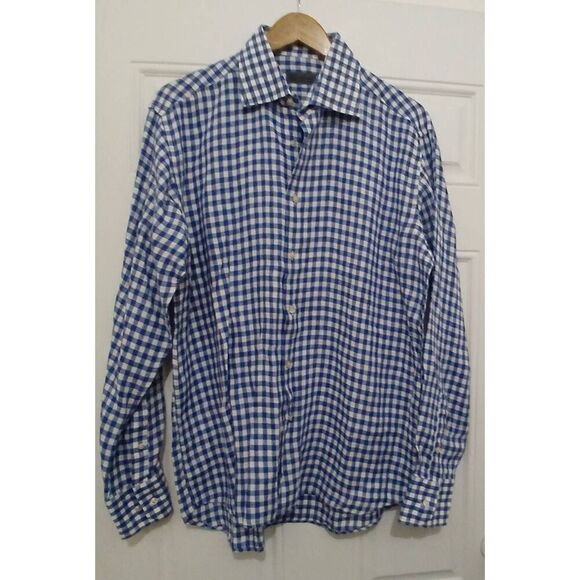 Suitsupply mens size 16 blue white gingham 100% linen button down shirt - Picture 1 of 7